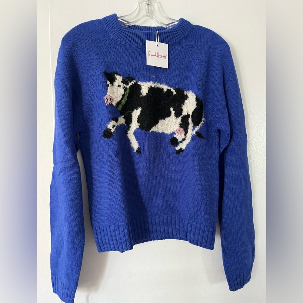Rachel Antenoff blue sweater with cow, size M